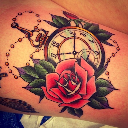 Colorful Pocket Watch With Rose Tattoo Design