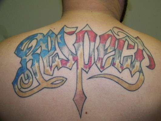 Colorful Respect Tattoo On Upper Back