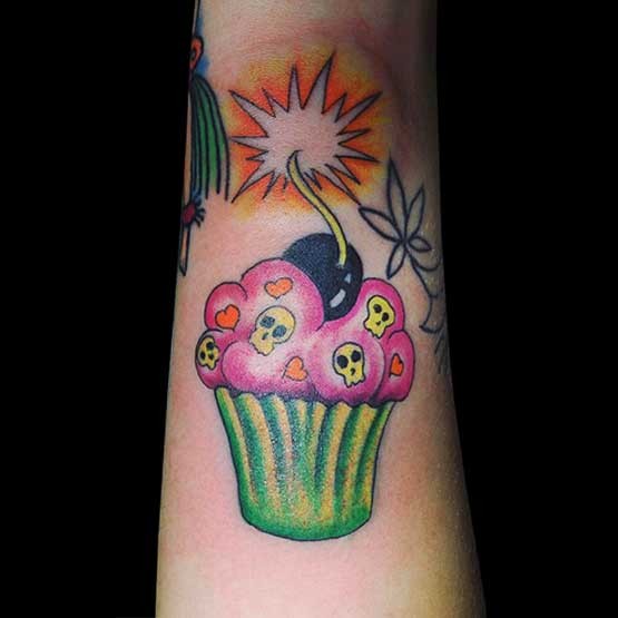 Colorful Skull Cupcake Tattoo Design For Arm