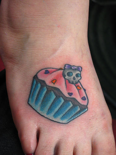 Colorful Skull Cupcake Tattoo On Foot