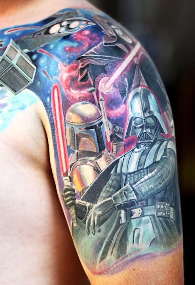 Colorful Star War Darth Vader And Jango Fett Tattoo On Left Shoulder.