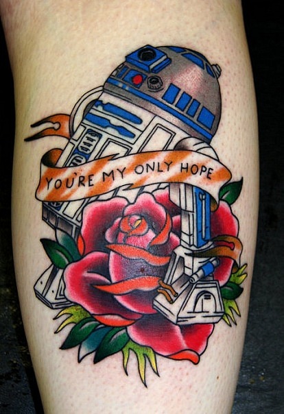 Colorful Star War R2-D2 With Rose And Banner Tattoo Design For Leg Calf