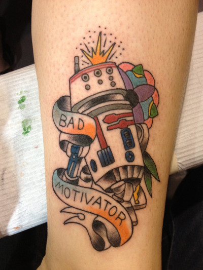 Colorful Star War R5-D4 With Banner Tattoo Design For Forearm