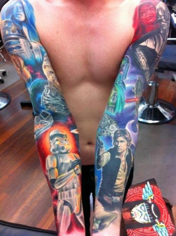 Colorful Star War Tattoo On Man Both Full Sleeve