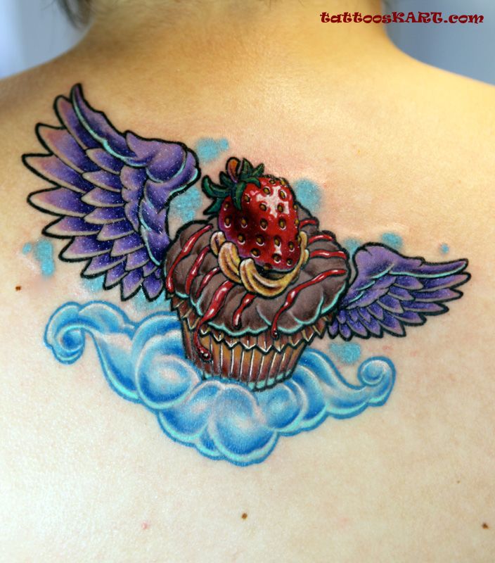 Colorful Strawberry Cupcake With Wings Tattoo On Upper Back