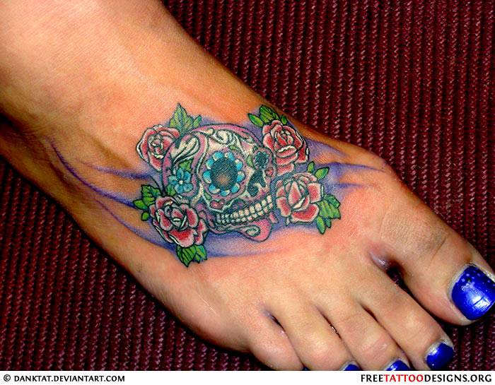 Colorful Sugar Skull With Roses Tattoo On Girl Foot