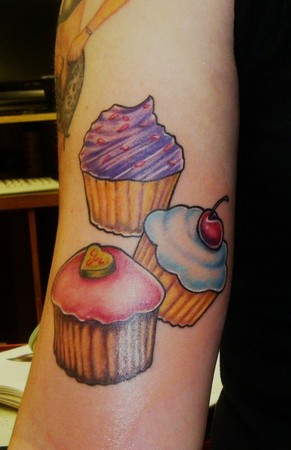 Colorful Three Cupcake Tattoo Design For Half Sleeve