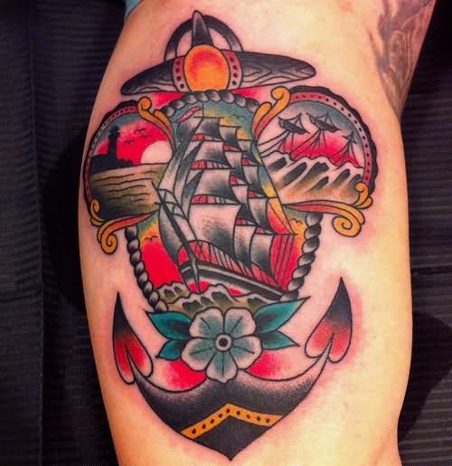 Colorful Traditional Anchor Tattoo On Inner Bicep