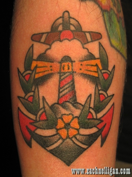 Colorful Traditional Anchor Tattoo On Leg
