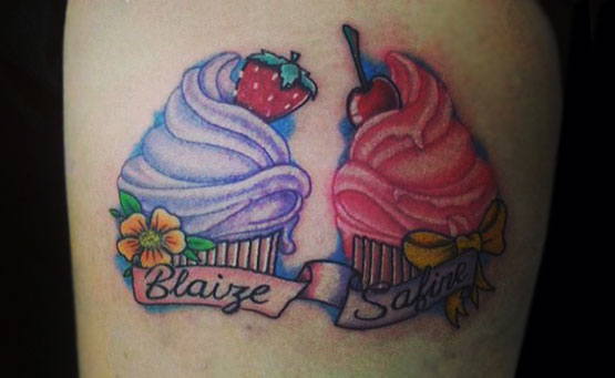Colorful Two Cupcake With Banner Tattoo Design