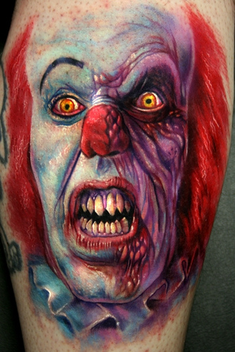 Colorful Zombie Clown Head Tattoo Design
