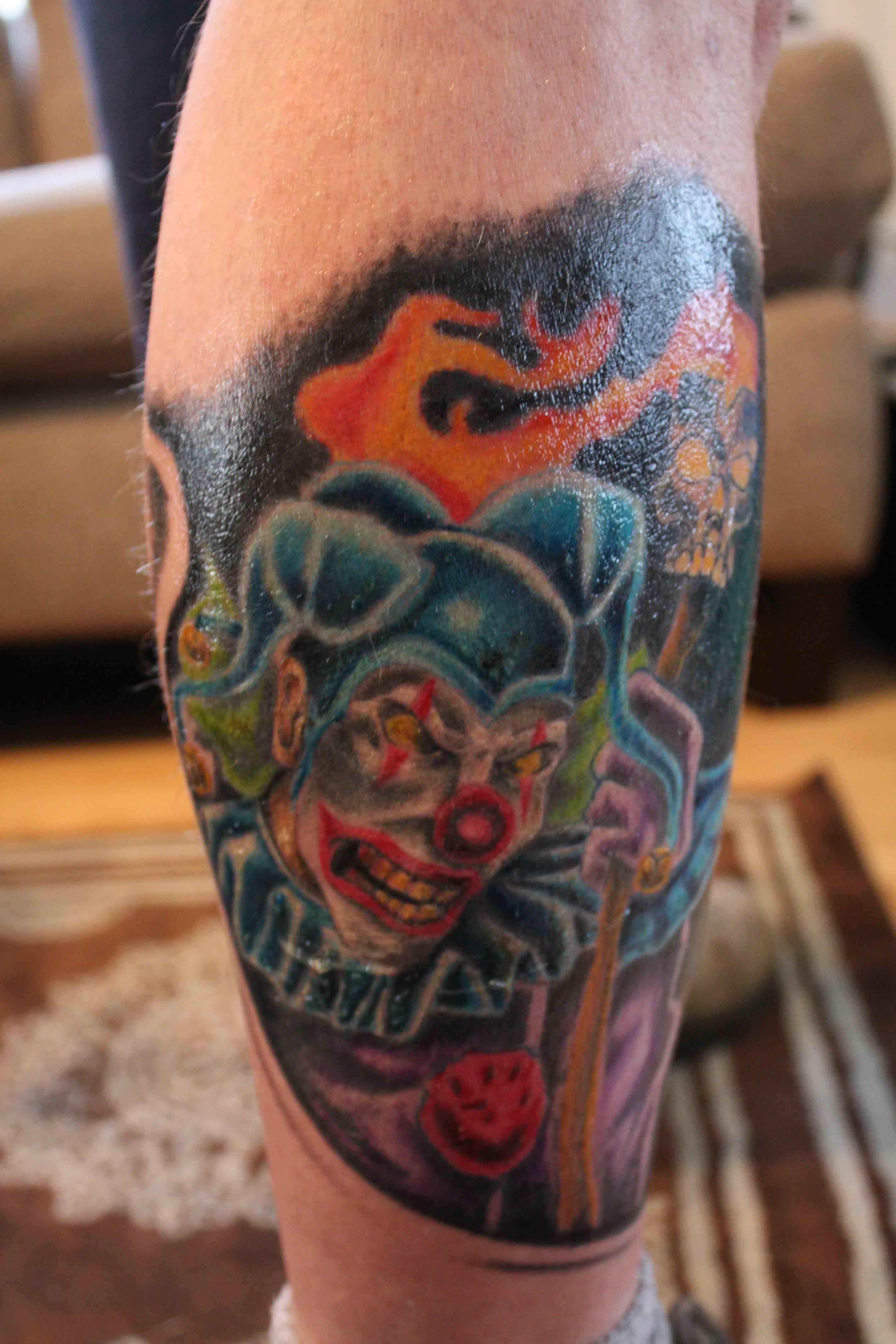 Cool Colorful Clown Tattoo Design For Leg
