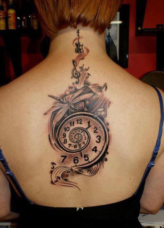 Cool Watch With Dragonfly And Music Knots Tattoo On Girl Upper Back