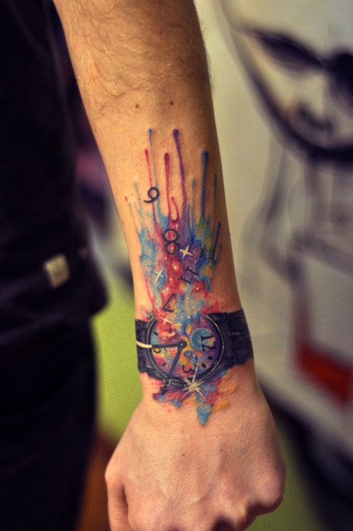 Cool Watercolor Wrist Watch Tattoo On Upper Wrist