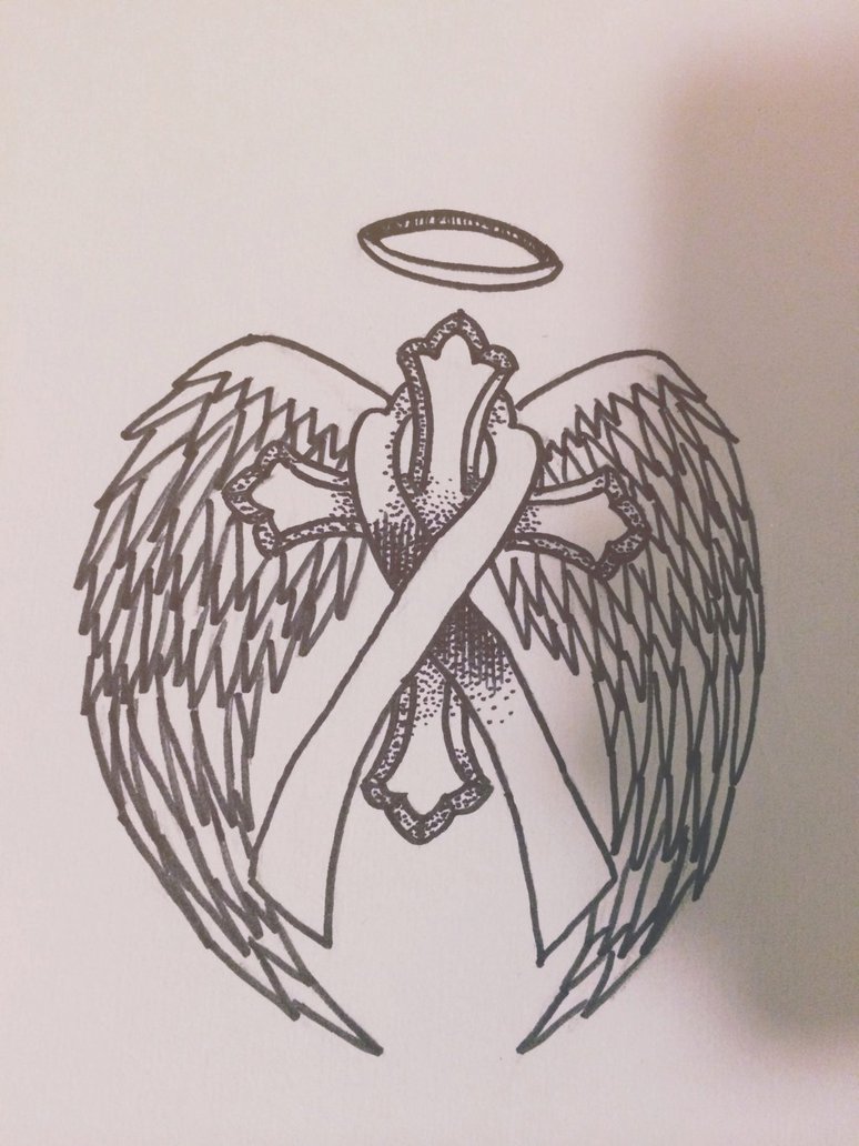 Cross With Angel Wings And Ribbon Tattoo Design For Under Breast