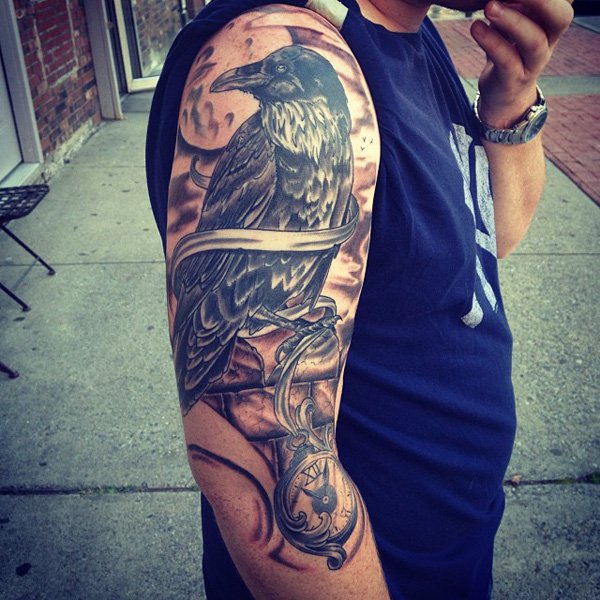 Crow With Pocket Watch Tattoo On Man Right Half  Sleeve
