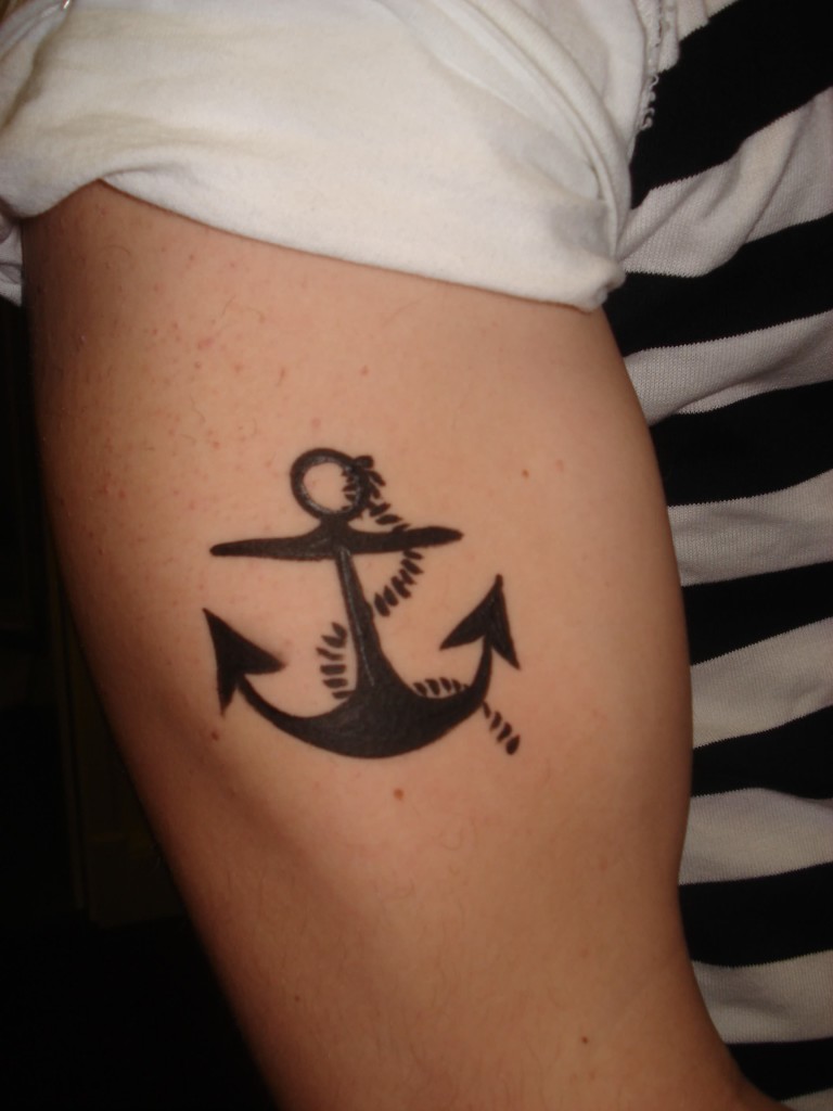 Cute Black Anchor Tattoo On Right Bicep