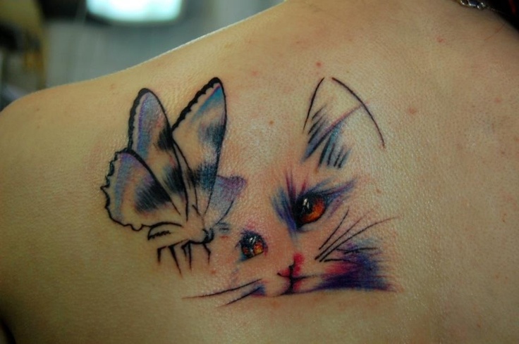 Cute Butterfly And Cat Head Watercolor Tattoo On Left Back Shoulder