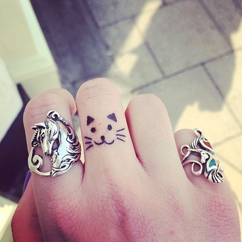 Cute Cat Face Tattoo On Finger