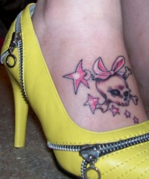 Danger Skull With Stars Tattoo On Girl Foot