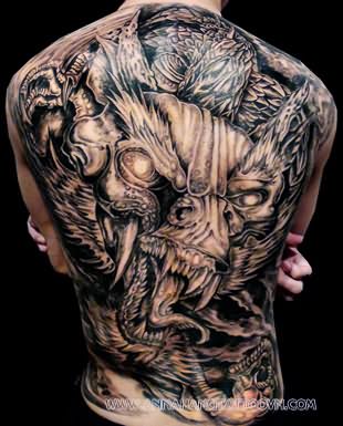 Dark Ink Dragon Tattoo On Full Back