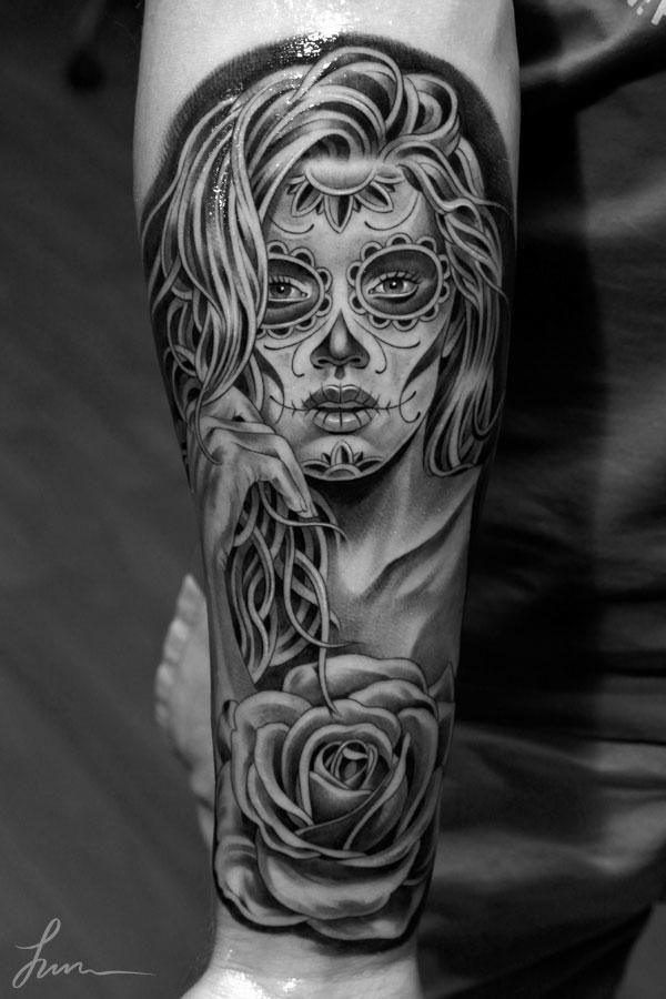 Dia De Los Muertos And Rose Flower Tattoo On Forearm