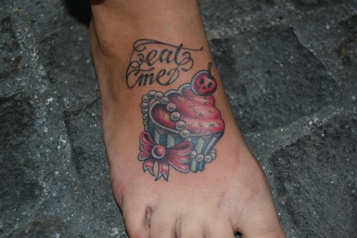 Eat Me - Cupcake With Bow Tattoo On Foot