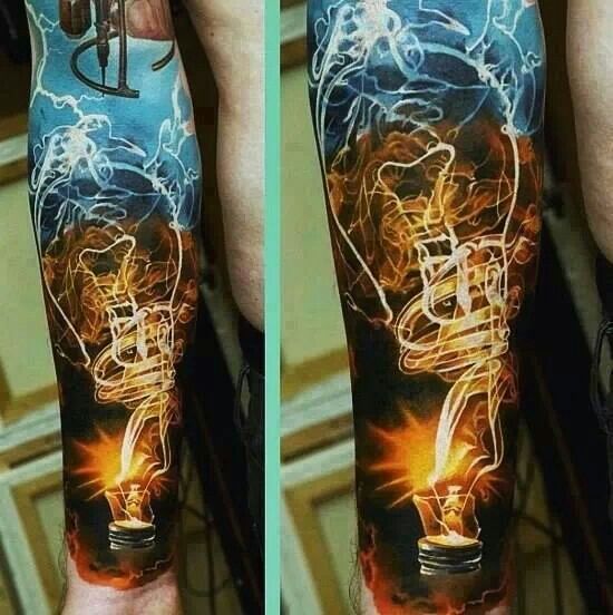 Electricity Bulb Tattoo On Sleeve by Dmitriy Samohin