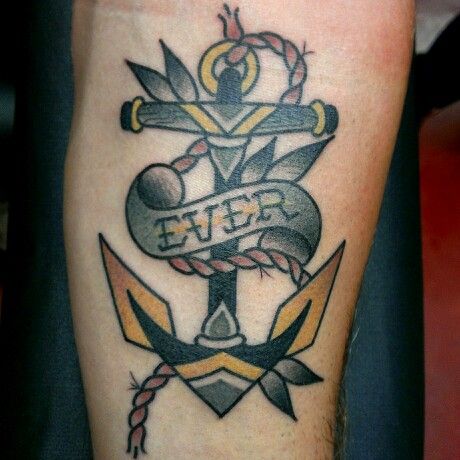 Ever Banner And Traditional Anchor Tattoo On Leg
