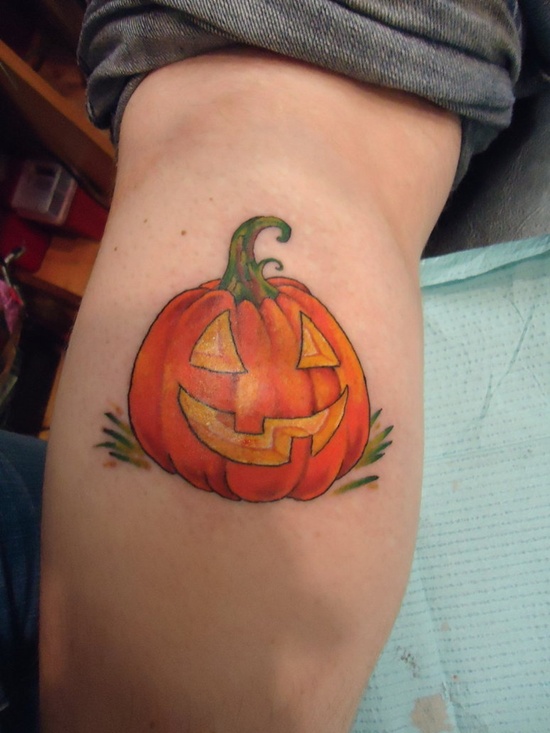 Evil Pumpkin Tattoo On Leg