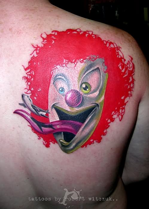 Fantastic Colorful Clown Head Tattoo On Right Back Shoulder