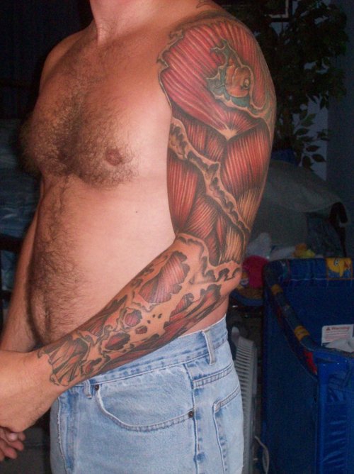 Fantastic Ripped Skin Muscle Tattoo On Man Left Full Sleeve