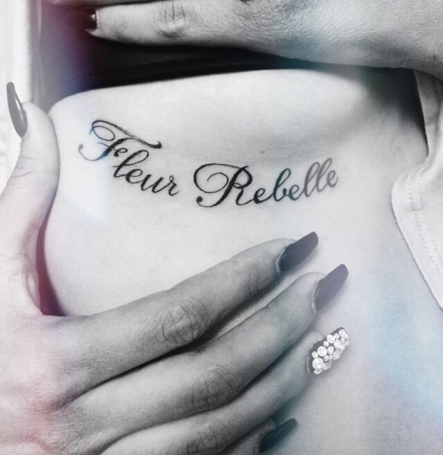 Fleur Rebelle Lettering Tattoo Design For Under Breast