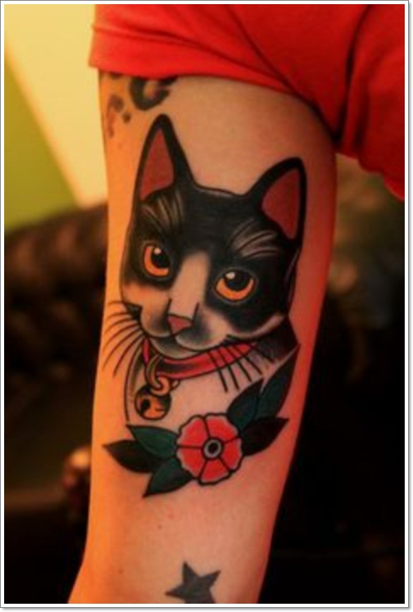 Flower And Cat Portrait Tattoo On Bicep