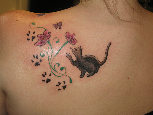 Flowers And Cat Paw Print With Cat Tattoo On Left Back Shoulder