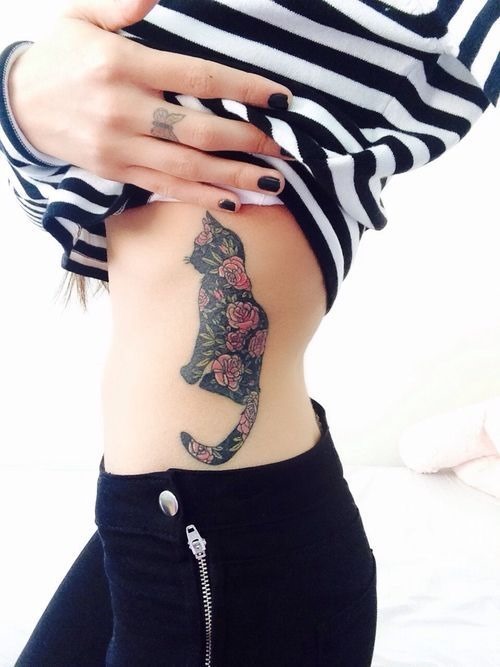 Flowers And Cat Tattoo On Girl Rib Cage