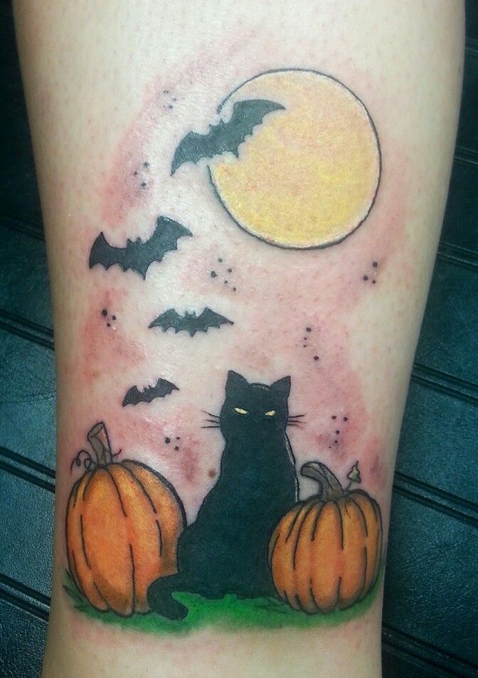 Flying Bats And Black Cat With Pumpkin Tattoo On Leg
