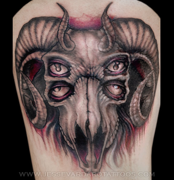 Four Eye Goat Skull Tattoo Design For Thigh
