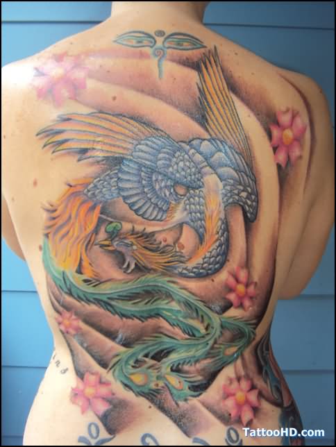 Full Body Color Flowers And Dragon Phoenix Tattoo