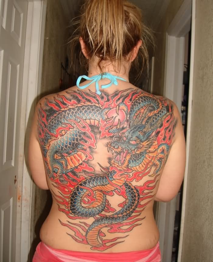 Full Body Flaming Dragon Tattoo For Women