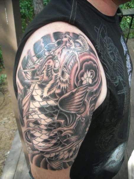 Full Body Grey Ink Japanese Dragon Tattoo
