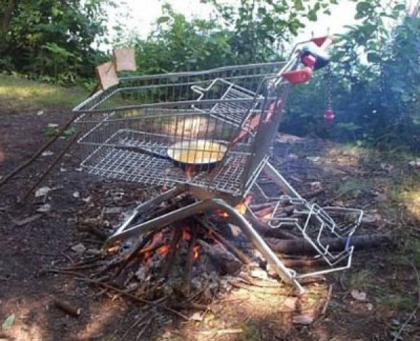 Funny Omelette Making On Shopping Trolley Grill