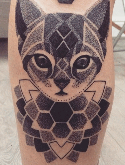 Geometric Cat Tattoo On Leg