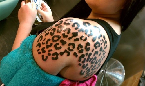 Girl Left Back Shoulder Cheetah Tattoo