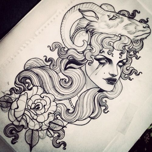 Goat Head Girl Face With Rose Tattoo Design