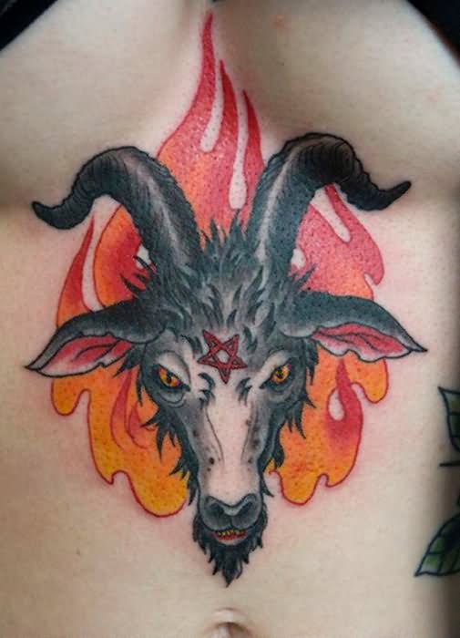 Goat Head In Flame Tattoo On Stomach