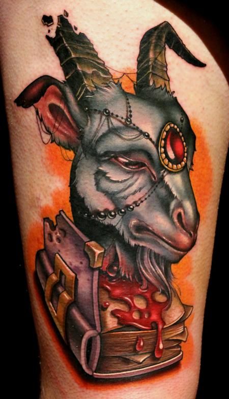 Goat Head On Book Tattoo Design For Thigh