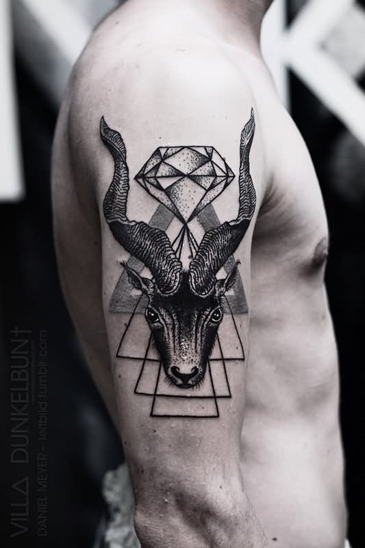 Goat Head With Diamond Tattoo On Man Right Half Sleeve