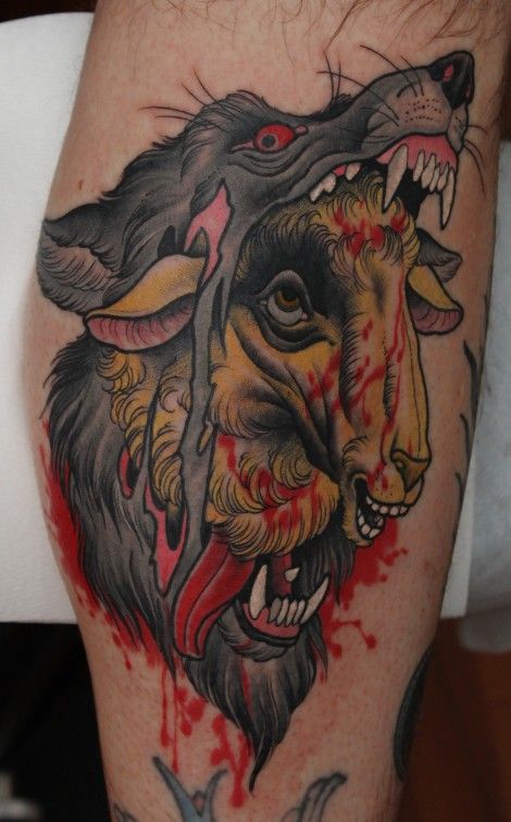 Goat In Wolf Mouth Tattoo Design For Leg Calf