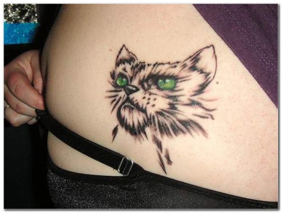 Green Eyes Cat Head Tattoo On Shoulder